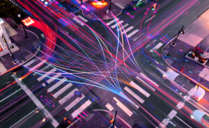 Aerial view of vehicles in lane being monitored in a smart traffic pilot